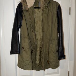 Olive Green and Black Women's Parka with Faux Leather Sleeves